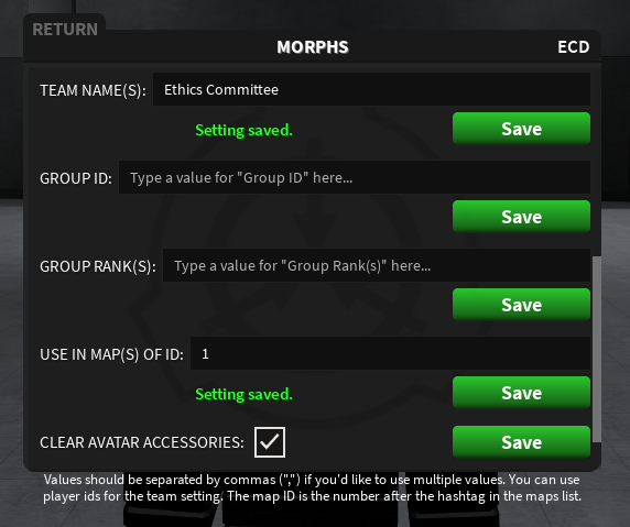 Configuring team names and map ID for the morph